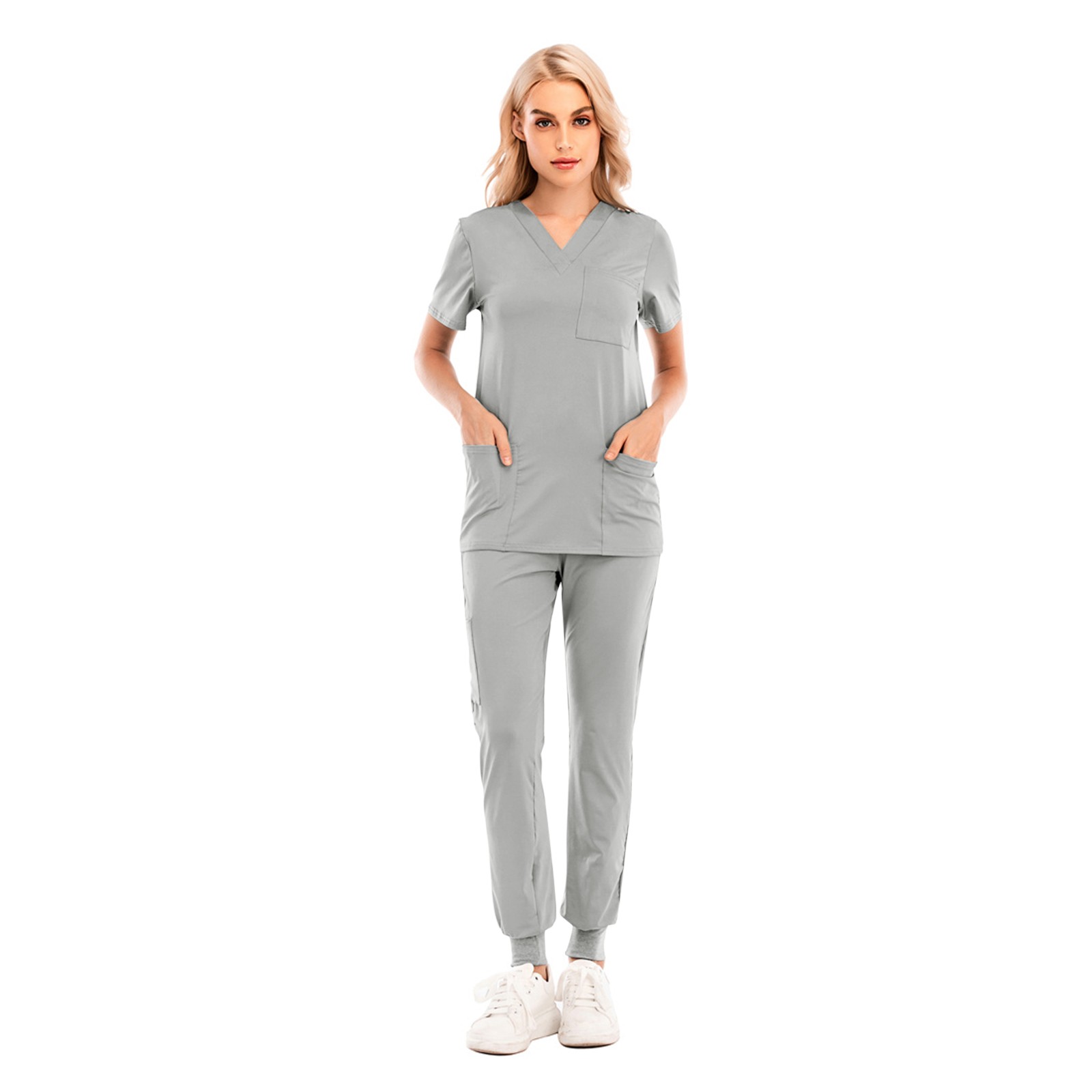 thumbnail image 5 of Conjunto de uniforme de enfermería de 2 piezas para mujer: top de manga corta con cuello en V + pantalones, poliéster, con bolsillo, verde/morado/blanco, tallas S-XXL, tallas asiáticas, 5 of 8